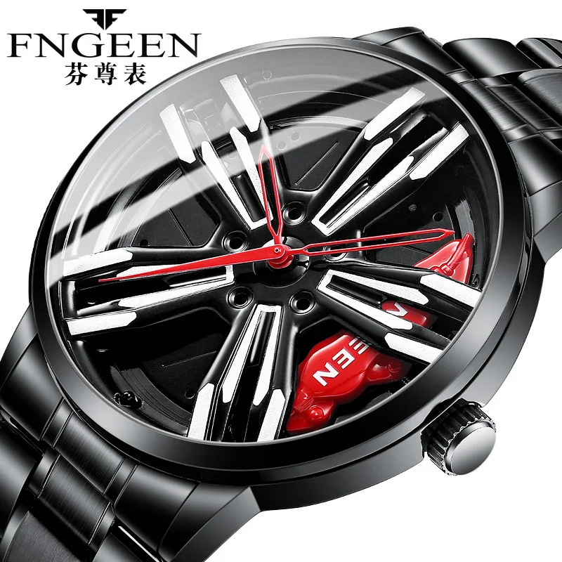 FNGEEN Rennuhr für Herren, individuelles Super-Car-Felgen-Design, Edelstahl, schwarz, Retro, wasserdicht, maskuliner Zeitmesser Image