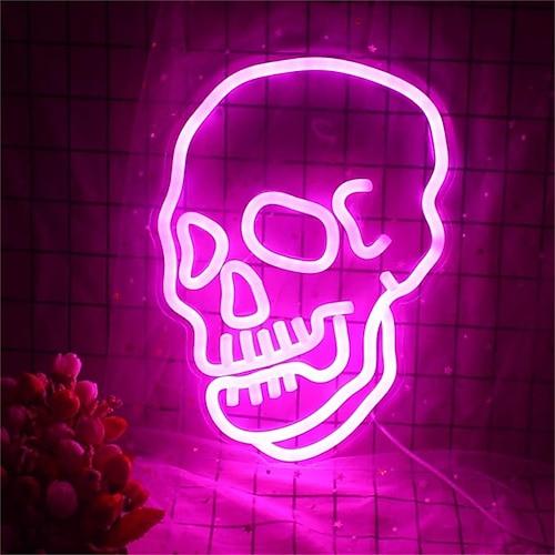 Halloween-Neonschild, rosa LED-Schild, Skelett-Totenkopf-Neonlicht, Geister-LED-Neonschild, USB-betriebener Schalter, leuchtende Neonschilder für Wanddekoration, Schlafzimmer,