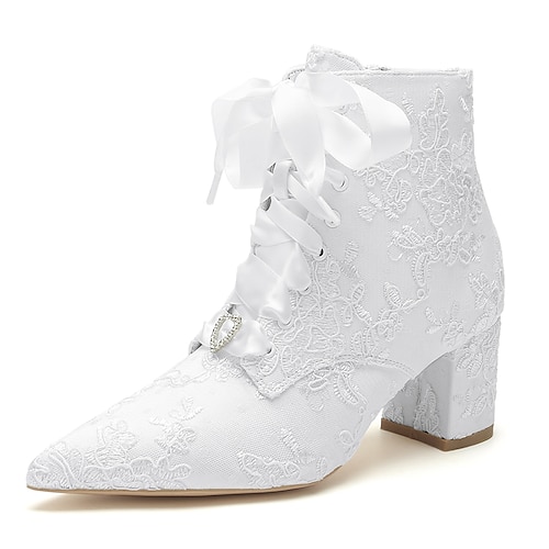 Damen Hochzeitsschuhe Stiefel Damenschuhe Valentinstagsgeschenke Absatzstiefel Rustikale Hochzeit Stiefeletten Brautschuhe Brautjungfernschuhe Spitze Blockabsatz Spitze Zehe Romantisch Spitze Satin