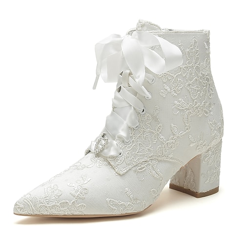 Damen Hochzeitsschuhe Stiefel Damenschuhe Valentinstagsgeschenke Absatzstiefel Rustikale Hochzeit Stiefeletten Brautschuhe Brautjungfernschuhe Spitze Blockabsatz Spitze Zehe Romantisch Spitze Satin