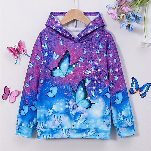 Mädchen 3D Graphic Schmetterling Kapuzenshirt Langarm Herbst Winter Modisch bezaubernd Basic kinderkleidung 4-12 Jahre Mit Kapuze Outdoor Casual Täglich Regular Fit Image
