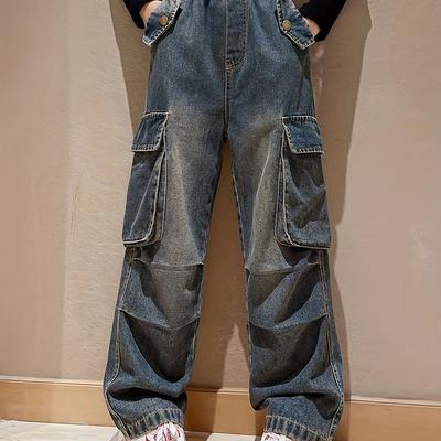 TEMU Funky Style Girls Denim Cargo Pants, Elastic Waist Comfortable Fabric Casual Jeans Suitable For Everyday Street Wear