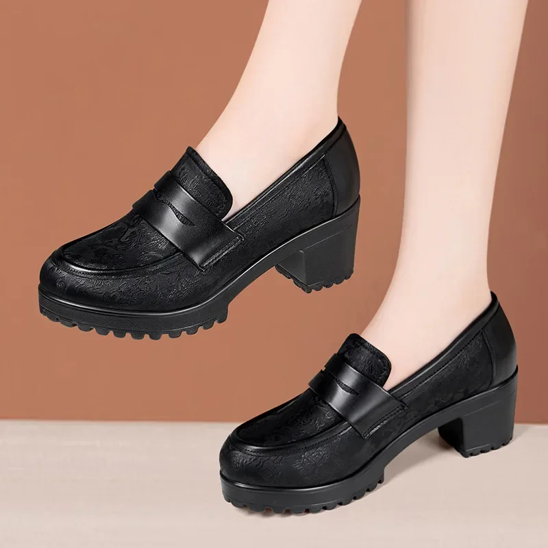 6cm Small Size 32-43 Britisy Style Soft Leather Loafers Women Pumps 2026 Fall Med Block Heels Shoes Platform for Office Mom