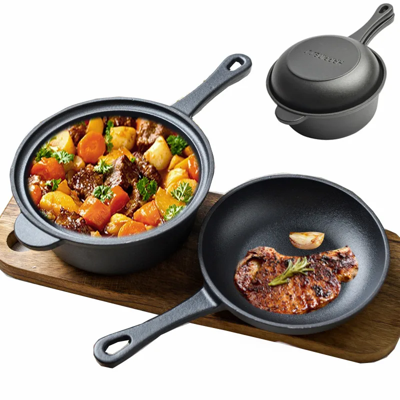 2 in1 Gusseisen Topf und Bratpfanne Deckel Set vor gewürzte Pfanne zum Grillen Backen Kochen Doppel funktion holländischen Ofen 7 "Küchen herd Image