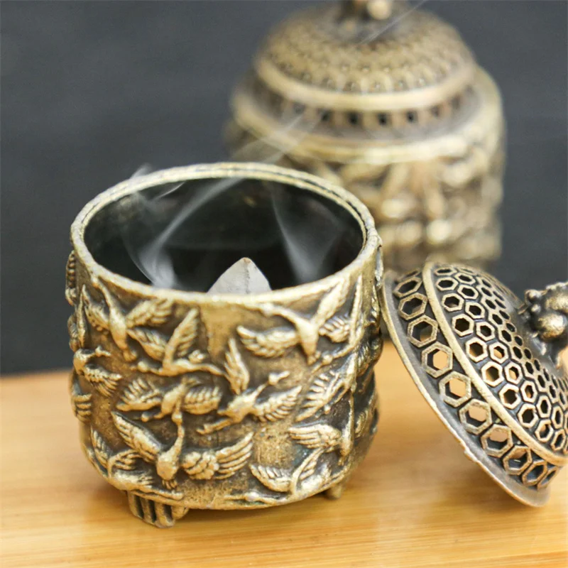 Antike Messing Kranich Katze Deckel Weihrauch Brenner Hause Dekoration Schreibtisch Ornament Zubehör Sandelholz Räuchergefäß Figur Retro Sammlung Image