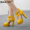 REAVE KATZE Frauen Pumps High Heels Plattform Schuhe Peep Toe Schnalle Frühling Spike Heels Damen Party Schuhe Gelb Größe 34-43 A1102
