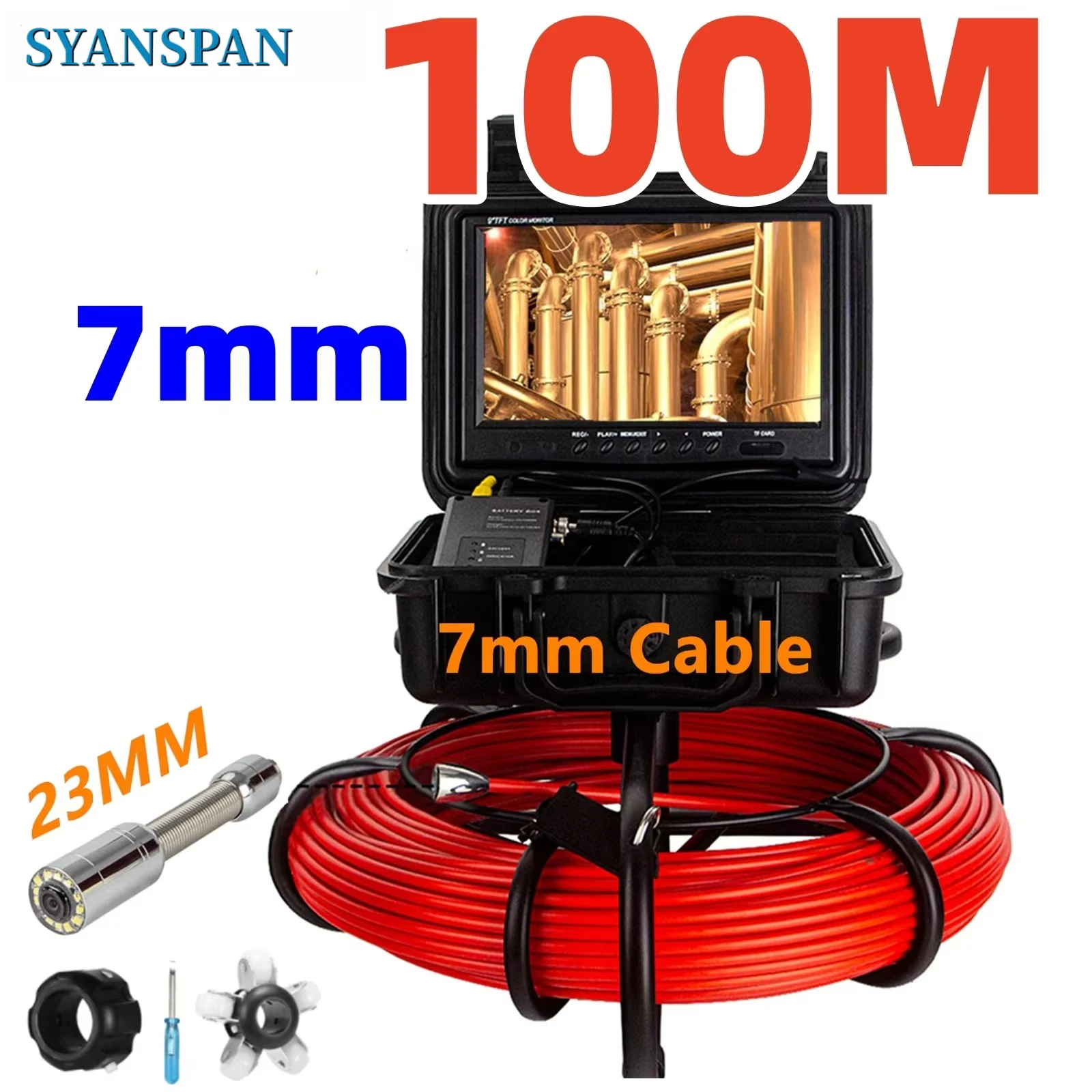 7-mm-Kabel, 100 m, Rohrinspektions-Videokamera, 9 Zoll, mit DVR, 8 GB TF-Karte, SYANSPAN, wasserdicht, 23 mm Abflusskanalisation, Endoskop Image