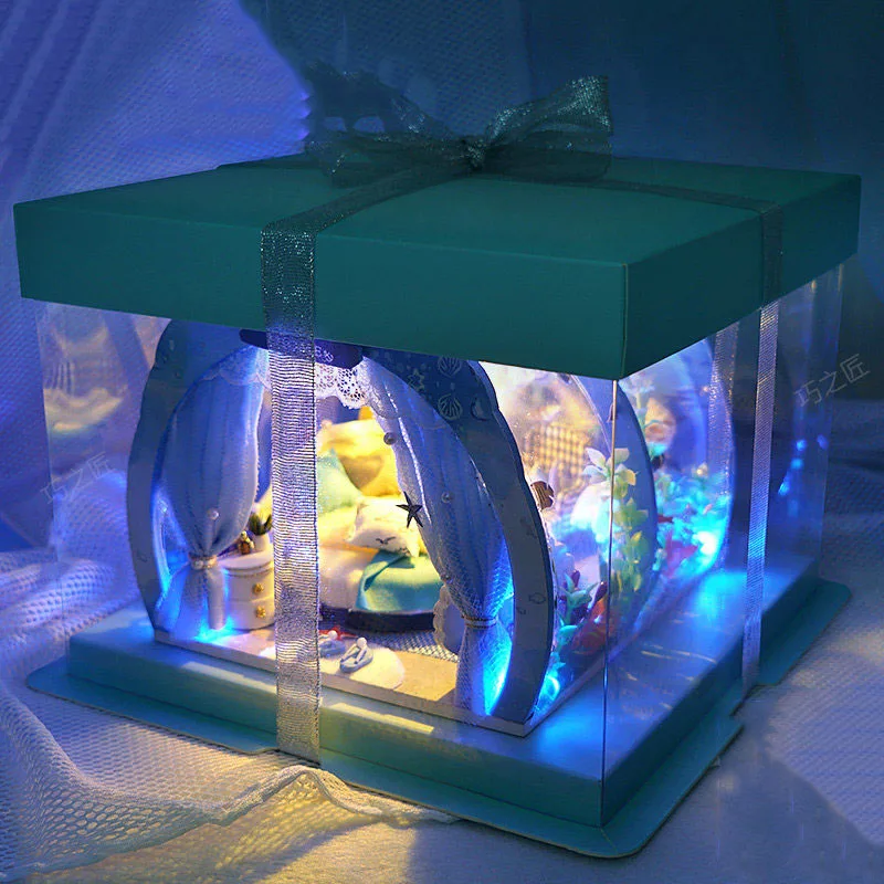 DIY Holz Puppenhaus Miniatur Möbel Mit LED Licht Kit Ozean Prinzessin Zimmer Rosa Dollhouses Montieren Spielzeug Kinder Mädchen Geschenk