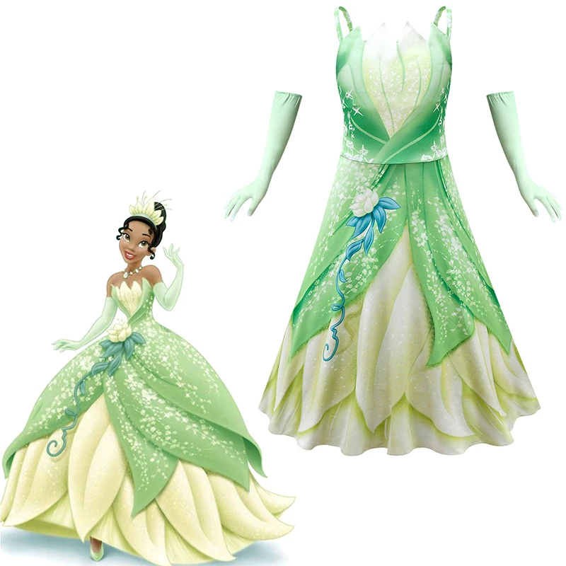 Halloween Prinzessin Tiana Mädchen Kleid Prinzessin grün Kinder Geburtstag Überraschungen Party Geschenk für Mädchen Cosplay Kostüm Kleider