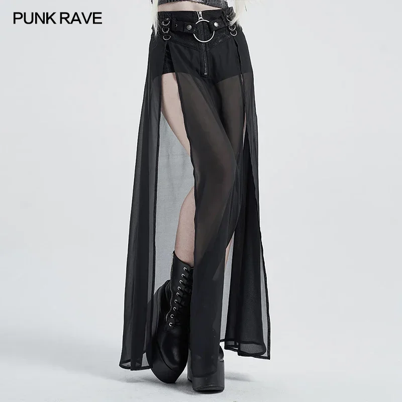 PUNK RAVE Damen Punk Hohe Taille Gefälschte Zweiteilige Halbrock Einfacher Stil Split Saum Sexy Perspektive Chiffon Frauen Lange Röcke