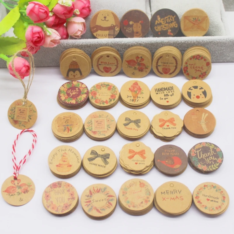 100 Stück braune Geschenketiketten aus Kraftpapier mit 20-Meter-Seil, Hochzeit, Baby, Geschenk, Party, Weihnachtsetiketten, Partydekorationen, als Image