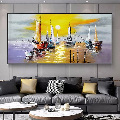 Mintura handgefertigte Ölgemälde mit Kailandschaft auf Leinwand, Wandkunst, Dekoration, modernes abstraktes Bootsbild für die Inneneinrichtung, gerolltes, rahmenloses, ungedehntes Gemälde Image