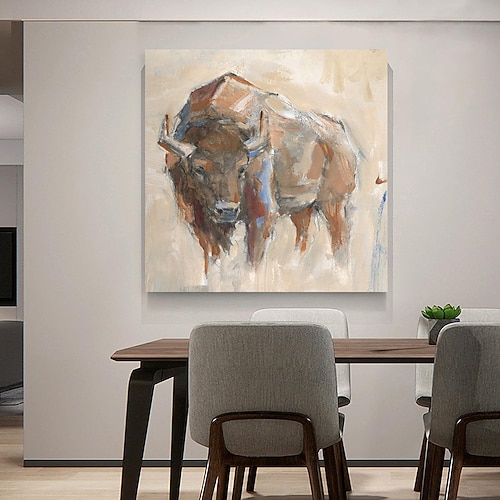handgemachtes Ölgemälde auf Leinwand, Wandkunst, Dekoration, Wasserbüffel, modernes Tier, abstrakte Kunst für die Inneneinrichtung, gerolltes, rahmenloses, ungedehntes Gemälde Image