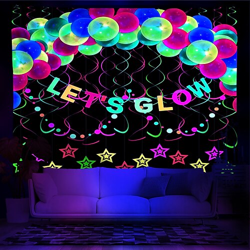 Schwarzlicht-Wandteppich, UV-reaktiv, im Dunkeln leuchtend, Leuchtparty, Neon-Party-Ideen, Leuchtstäbe, Party-Wandteppich, Wandbild für Wohnzimmer und Schlafzimmer Image