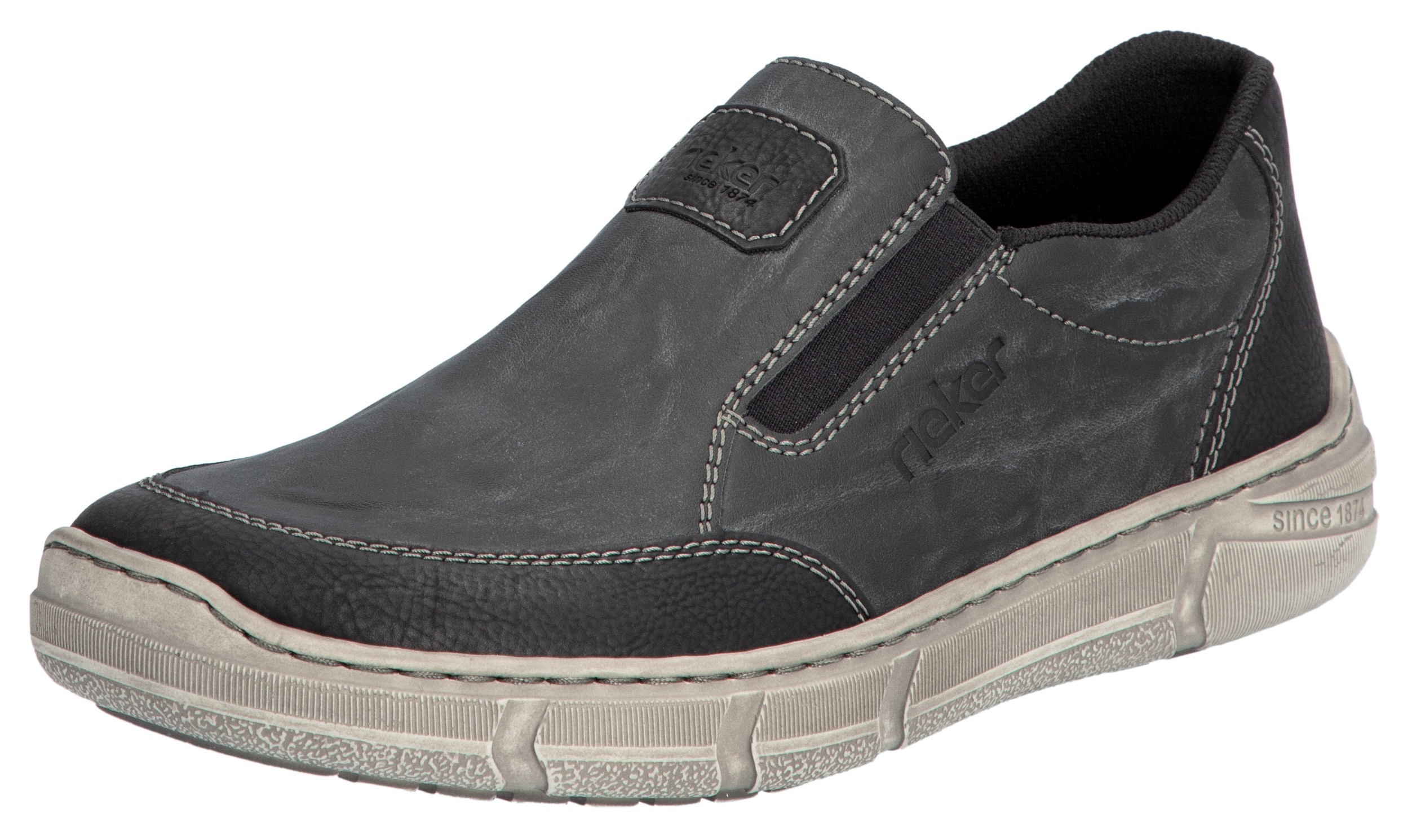 Slipper RIEKER, Damen, Gr. 43, grau (grau, schwarz), Lederimitat, Schuhe Slipper, Slip-on Sneaker, Halbschuh, Schlupfschuh mit beidseitigem Gummizug