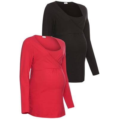 Umstandsshirt NEUN MONATE "2er Pack Shirts für Schwangerschaft und Stillzeit", Damen, Gr. 36/38, schwarz (schwarz, rot), Jersey, Obermaterial: 95% Baumwolle, 5% Elasthan, unifarben, Basic, Basic, V-Ausschnitt, Langarm, Shirts, Langarm,...