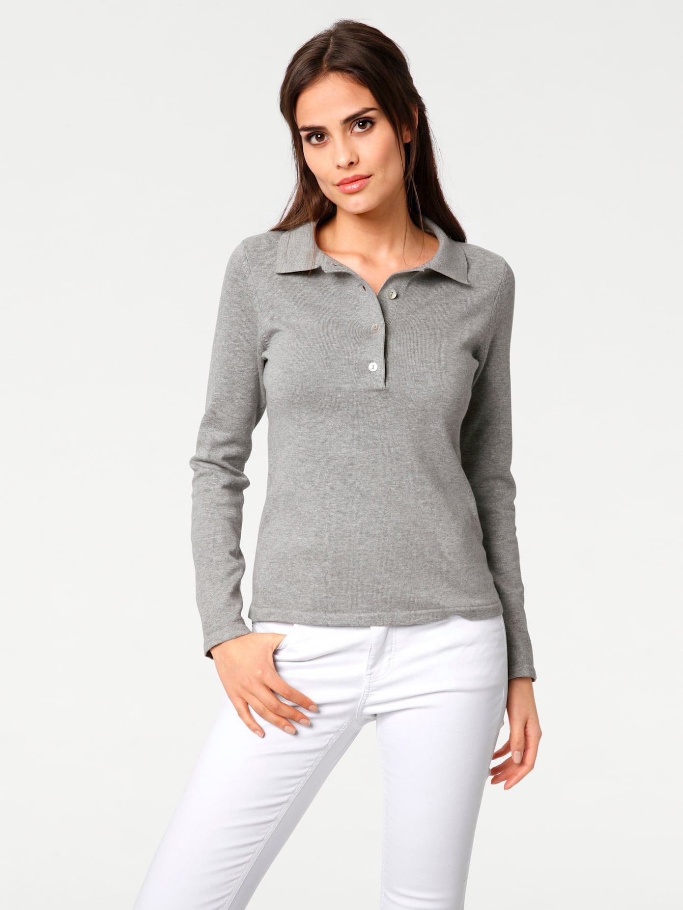 Polokragenpullover "Polopullover", Damen, Gr. 36, grau (grau, melange), 100% Baumwolle, B.C. BEST CONNECTIONS BY HEINE, unifarben, Pullover