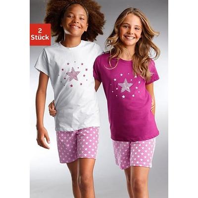 Pyjama PETITE FLEUR, Kinder, Gr. 146/152, lila (weiß, beere), Jersey, Obermaterial: 100% Baumwolle, bedruckt, Basic, lässig geschnitten kurz, Rundhals, Kurzarm abgesteppte Kante, Homewear-Sets, modischer Sternendruck auf den Shirts und Hosen Image