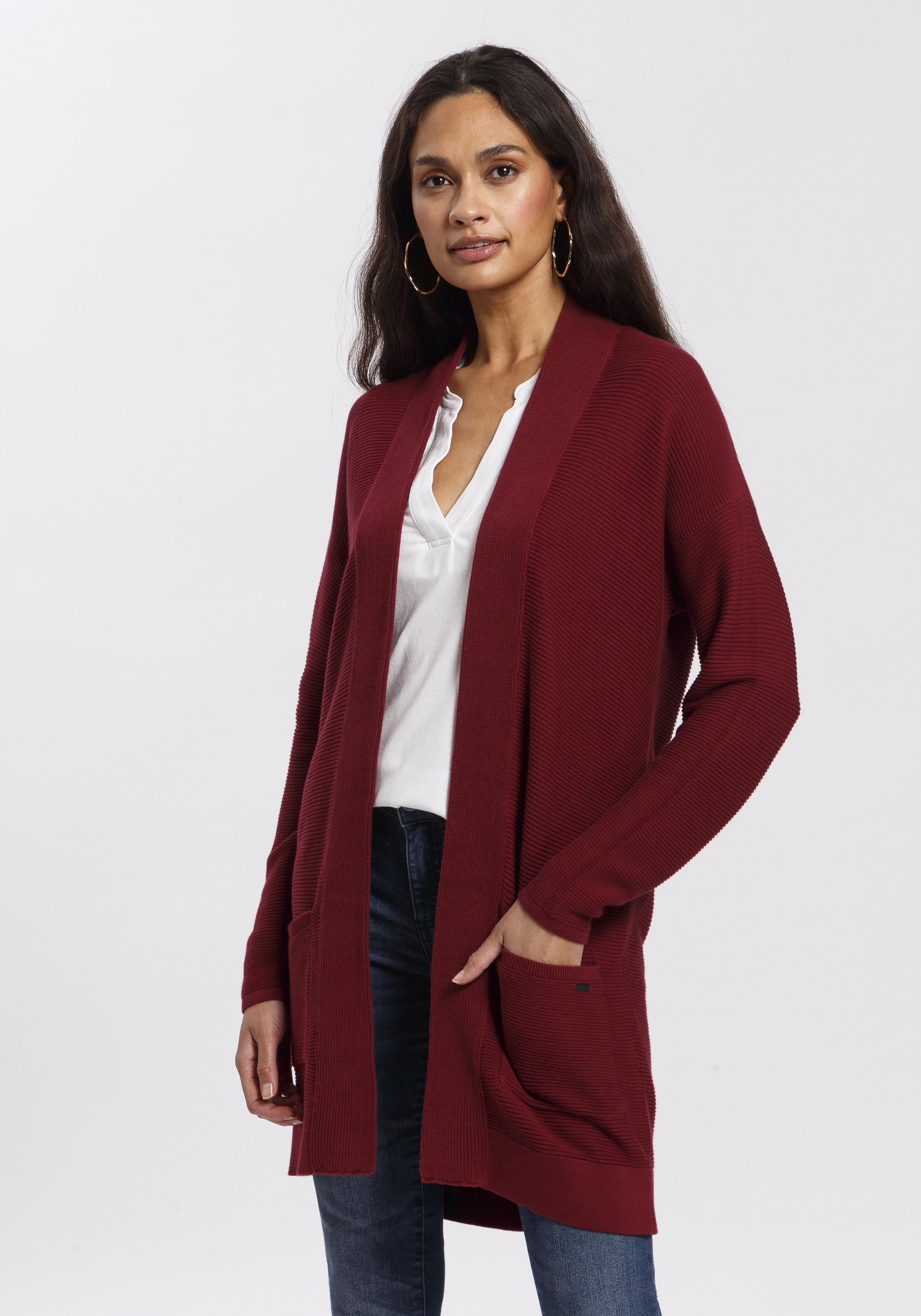 Longstrickjacke TOM TAILOR, Damen, Gr. XXL(44), rot (bordeaux), Strick, Obermaterial: 100% Baumwolle, unifarben, figurumspielend Po-bedeckend, V-Ausschnitt, Bündchen, Strickjacken Strickjacke Longstrickjacke, aus Rippstrick mit aufgesetzten Taschen