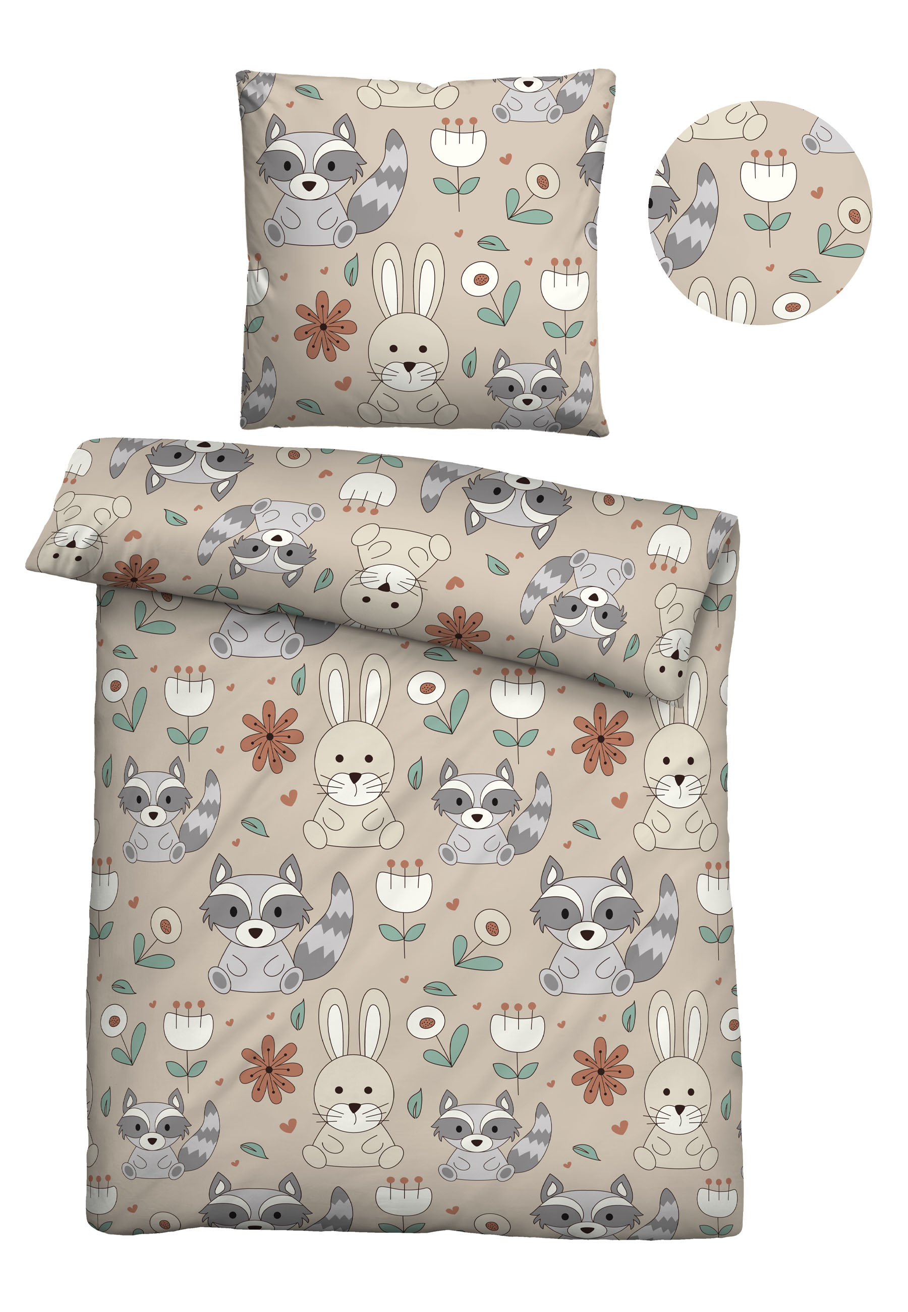 Kinderbettwäsche BIBERNA "0007245", grau (taupe), B/L: 135cm x 200cm, 1 Stk., 1 Stk., Feinbiber, B/L: 80cm x 80cm, 2 Stk., Feinbiber, Obermaterial: 100% Baumwolle, Bettwäsche, kuschelig warm im Winter, temperaturausgleichend, Reißverschluss Image