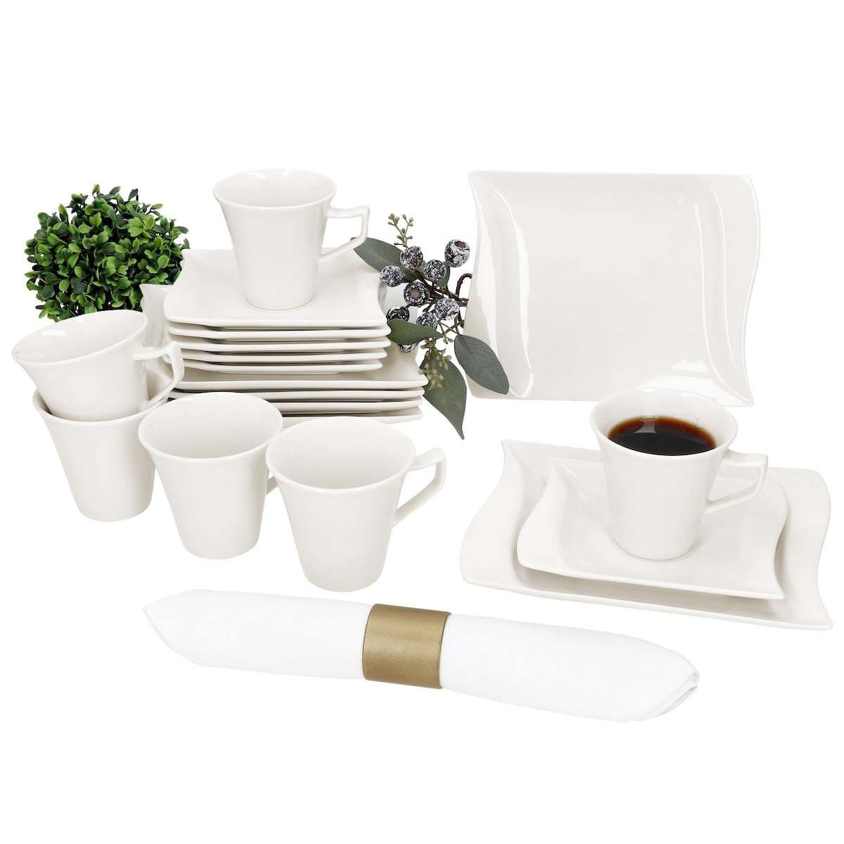 18tlg Kaffeeservice Ivory Porzellan 6 Personen Tassen 120ml Untertassen Teller Image