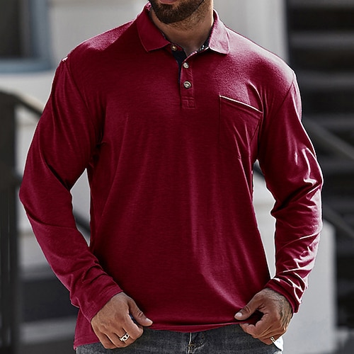 Herren Golfshirt Golf Poloshirts Lässig Arbeit Revers Langarm Basic Modern Einfarbig Tasche Knöpfe Frühling Herbst Normale Passform Blau Wein Aprikose Schwarz Weiß Dunkelrot Golfshirt Image