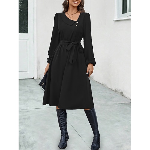 Elegantes Midikleid für Damen in Dunkelgrün, lange Ärmel, mit Gürtel, V-Ausschnitt, Knopfdetail, lässige A-Linie, fließend, vielseitig einsetzbar, Herbst/Frühlings-Kleidung Image