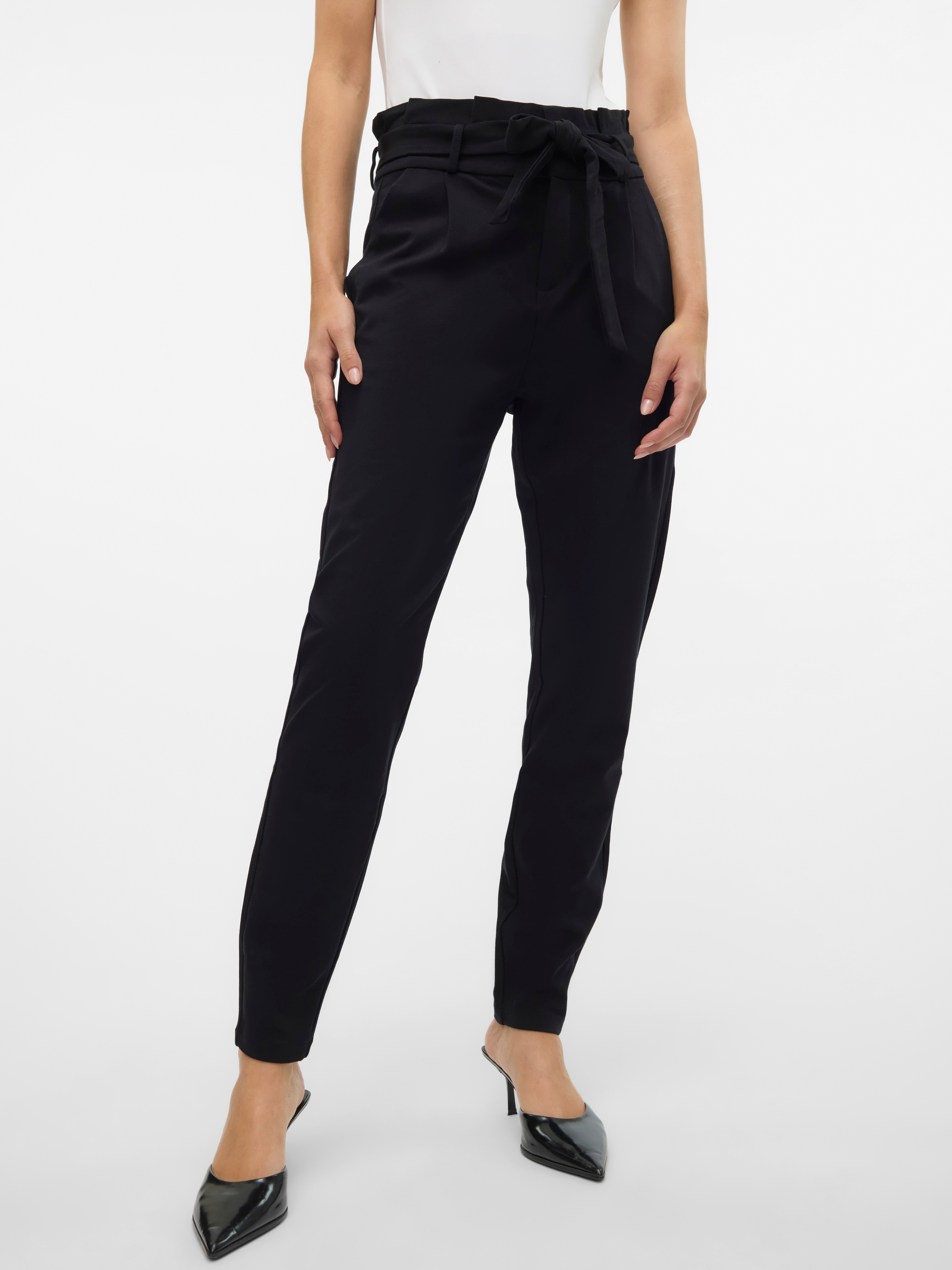 Jogger Pants VERO MODA "VMEVA PAPERBAG", Damen, Gr. XS, Länge 30, schwarz, Milano Rib, Obermaterial: 65% Viskose, 30% Elasthan, 5% Nylon, unifarben, knöchelfrei, Hosen