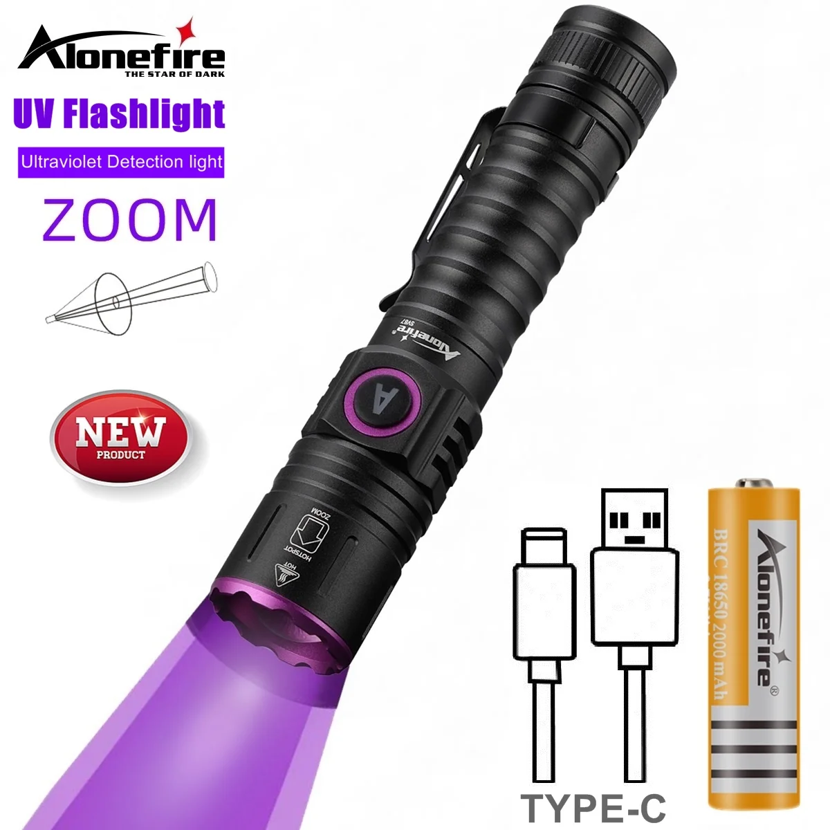 Zoom UV 365 nm/395 nm LED-Taschenlampe, hohe helle Nägel, Schönheit, Katze, Hund, Urin, Tinea, Erz, Geld, unsichtbarer Marker, Skorpion-Taschenlampe Image
