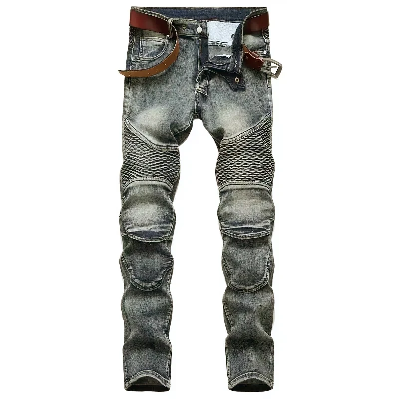 Herbst männer Patchwork Vintage Biker Jeans Hip Hop Hosen Dünne Gerade Elastische Radfahren Denim Hosen Männlichen Mode Streetwear