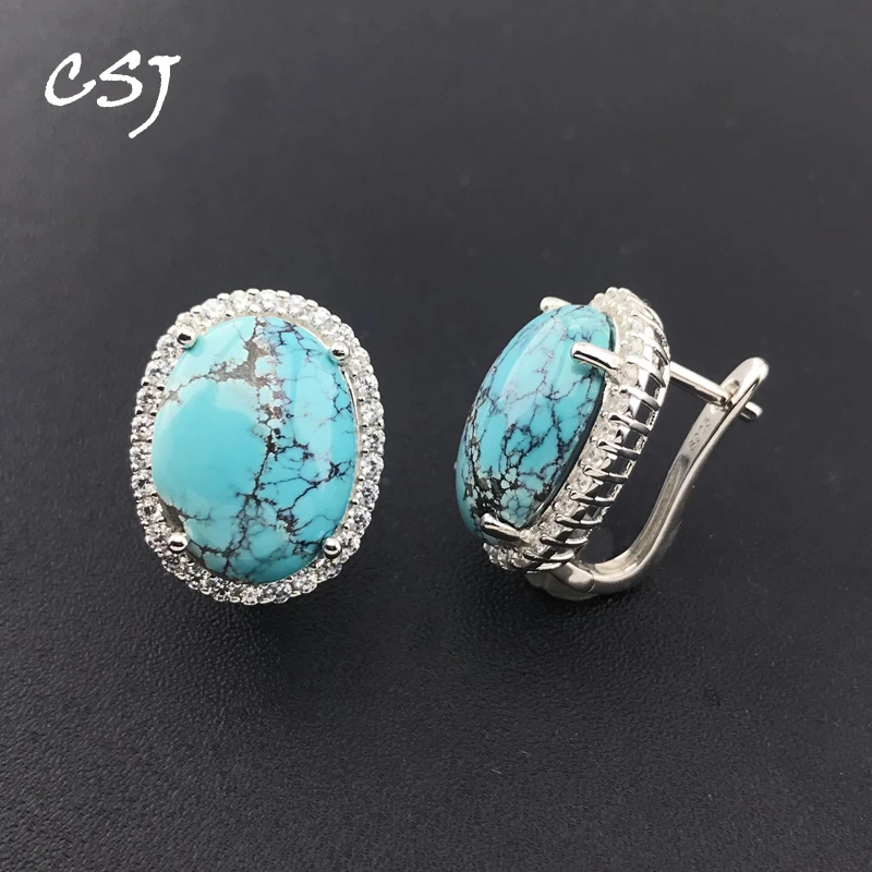 CSJ Elegante Natürliche Türkis Ohrring Sterling 925 Silber Edelstein Oval 12*16mm für Frauen Geburtstag Party Weihnachten Schmuck geschenk