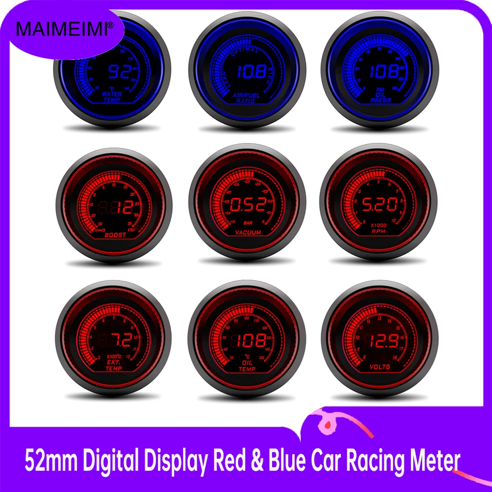 52 mm Digitalanzeige, rotes und blaues Autorennenmessgerät, Turbo-Boost-Messgerät, PSI, Wasser-/Öltemperatur, Öldruckmessgerät, Voltmeter, Drehzahlmesser Image