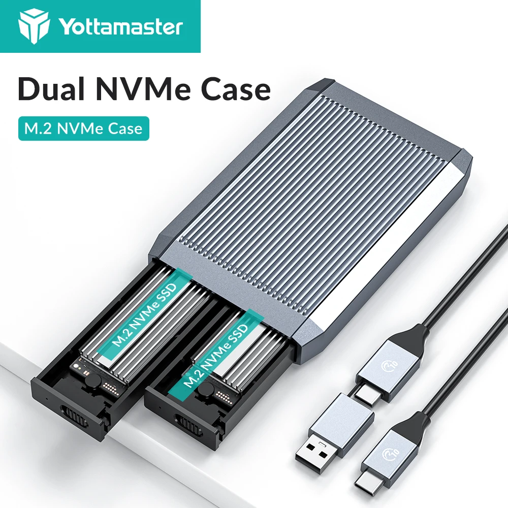 Yottamaster Dual Bay-Gehäuse 10 Gbit/s NVMe PCIE & 6 Gbit/s SATA NGFF Typ C Externes Festplattengehäuse USB3.1 GEN2 NVMe SATA Box Image