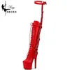 Frauen erotische rote T-gebundene kniehohe Stiefel Pole Dance Mode Stiefel Reiß verschluss Stiletto Gothic Fetisch lange Stiefel Stripper Schuhe