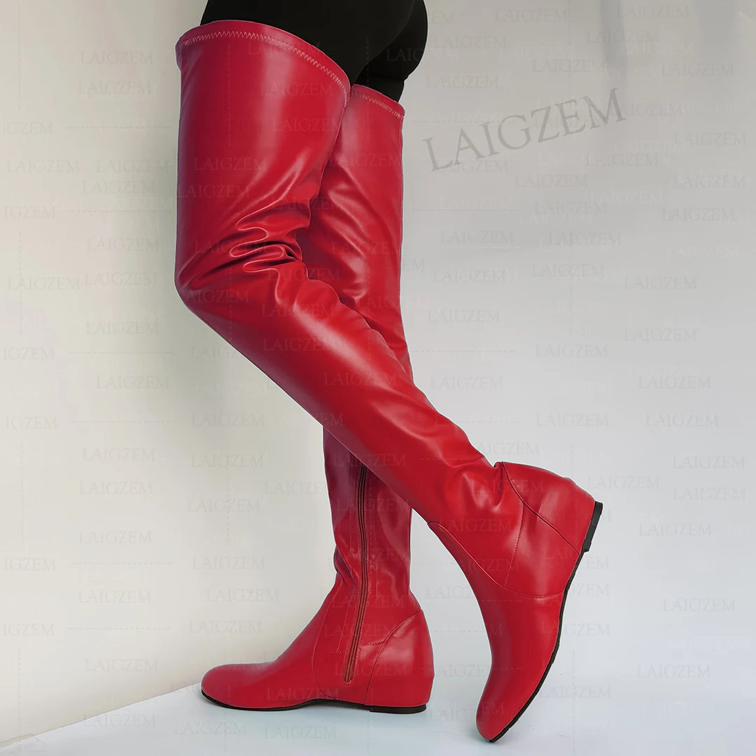 LAIGZEM Frauen Oberschenkel Hohe Stiefel Kunstleder Runde Kappe Seitlichem Reißverschluss Mitte Versteckte Heels Stiefel Damen Schuhe Frau Große Größe 37 42 44 50 52