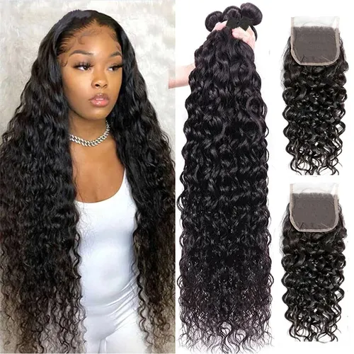 Bundles de vague d'eau avec fermeture, dentelle transparente HD, 100% cheveux humains naturels, extensions de cheveux Deep Wave, 13x4
