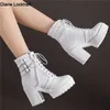 Schuhe Damen Motorradstiefel Herbst Winter Damenstiefel 2025, stilvolle Damen Stiefeletten, hohe Absätze, Plattformen, sexy Botas-Schnalle, weiß