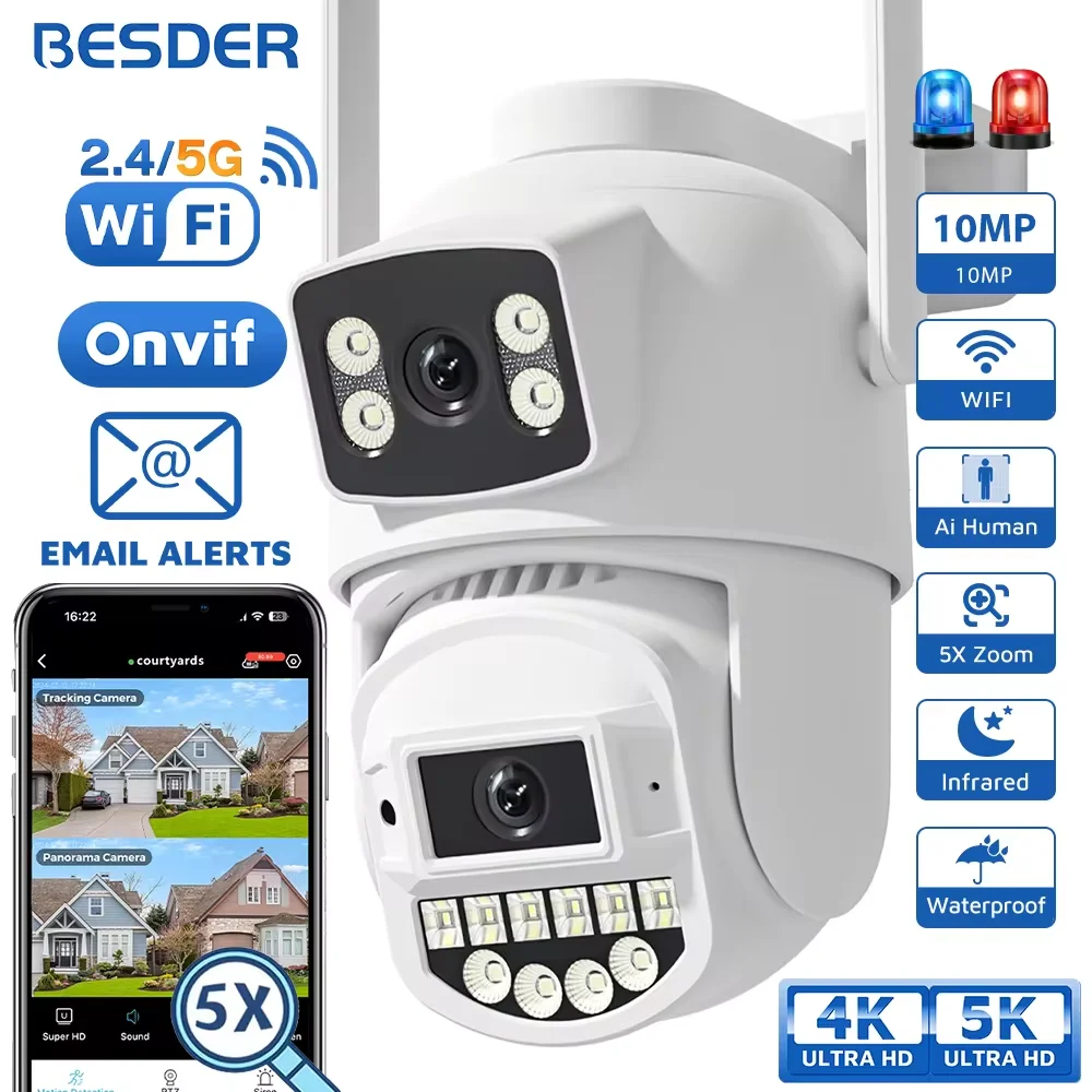 BESDER 8MP PTZ 5G HZ Wifi Kamera Outdoor Auto Tracking Dual Screen 5K 10MP CCTV Sicherheit IP Kamera 5X Digital Zoom E-Mail Alarm Image
