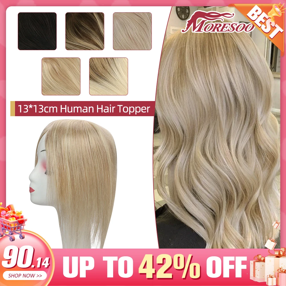 Moresoo Haaraufsätze, 100 % echtes Echthaar, maschinelles Remy-Haar, brasilianisches Clip-in-Haarteil für Frauen, Mono und PU-Oberteil, glatt Image