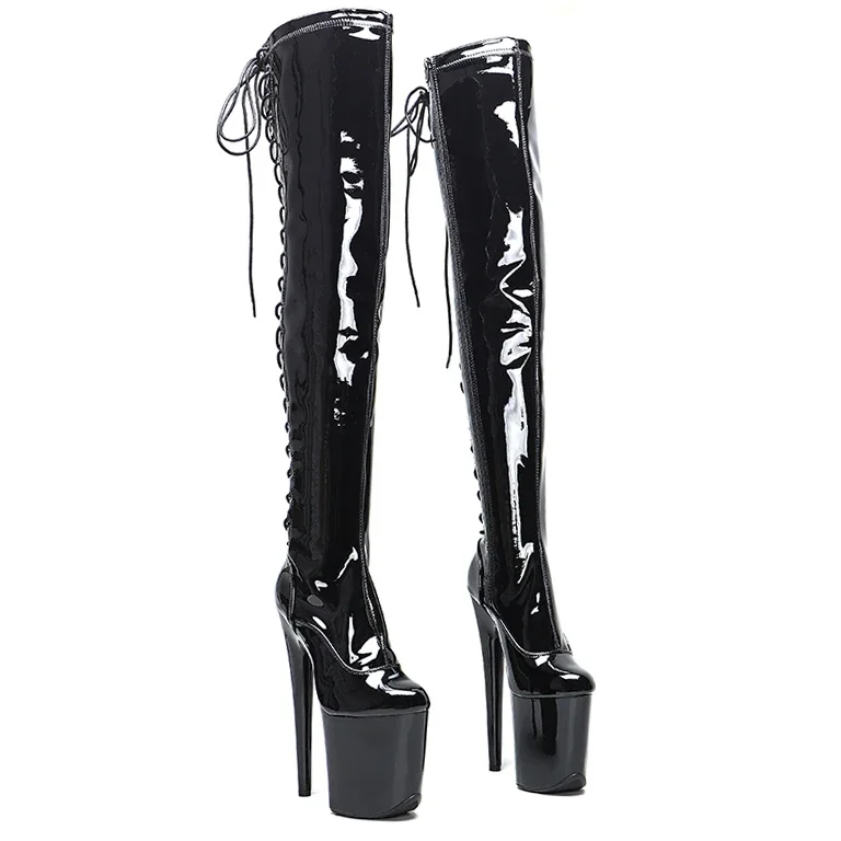 Leecabe 20 cm/8 Zoll glänzendes Patent PU Obermaterial Trend Mode High Heel Plateaustiefel Pole Dance Stiefel