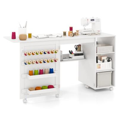 Costway Multifunctional Folding Sewing Machine Craft Station with Storage Shelves-White