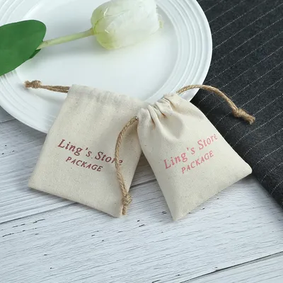 100pcs Custom Logo Drawstring With Ribbon Jewelry Gift Bags Nature Cotton Canvas Packaging Pouches