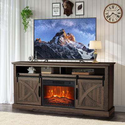 68" Farmhouse Dark Brown Electric Fireplace TV Stands Console for 78-inch TV with Remote