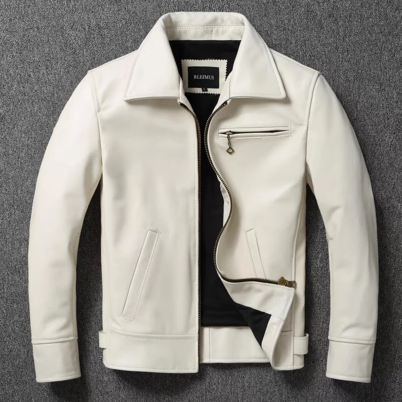 Giacca da uomo in vera pelle giacca in pelle di vitello con risvolto bianco cappotto da uomo in pelle bovina naturale Slim Fit giacca da motociclista in pelle bovina strato superiore