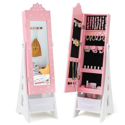 Costway Kids Jewelry Cabinet with Full-Length Mirror and Foldable Drawer-Pink