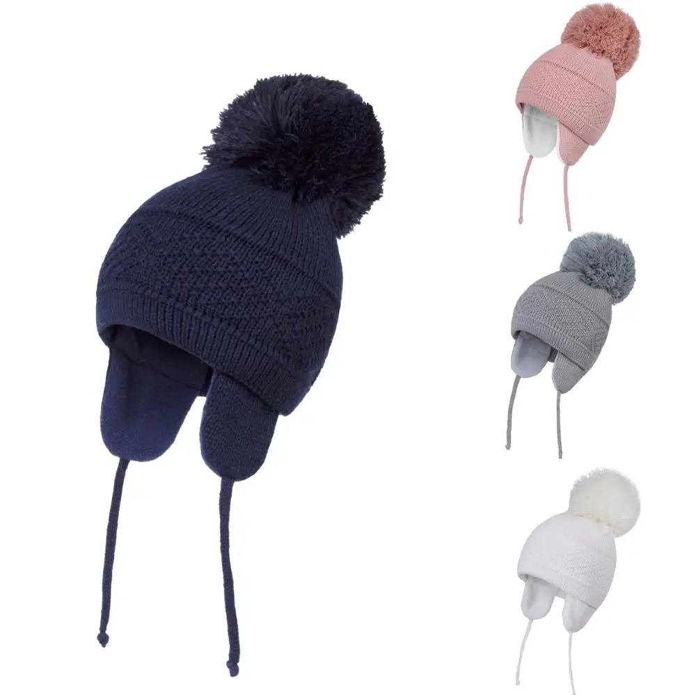 Connectyle Kleinkind Infant Baby Jungen Mädchen Kinder Winter Schädel Kappe Einfarbig Warme Strick Earflap Hut Mit Big Pom-pom Image