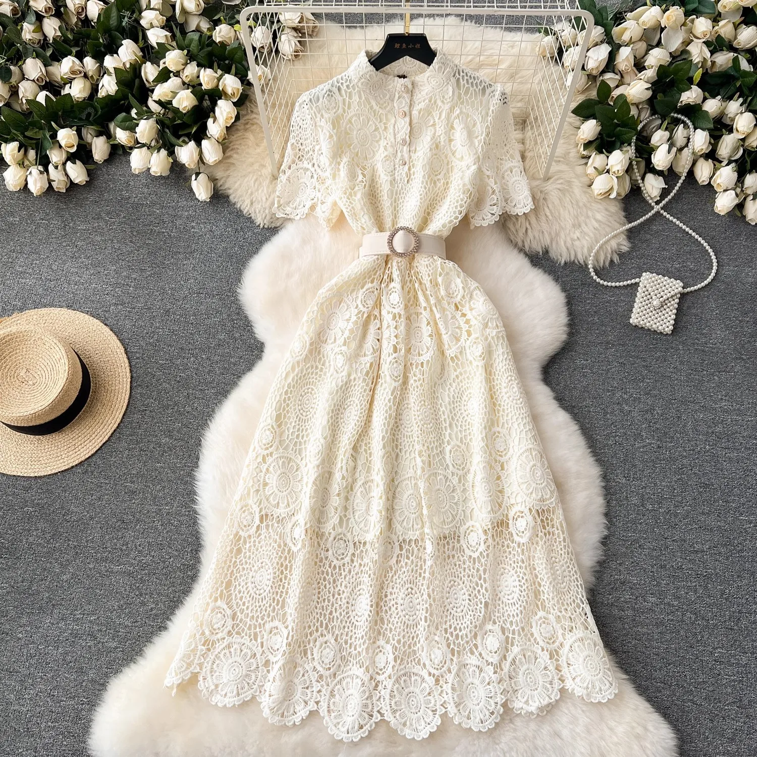 Jamerary Sommer elegante Blume Spitze Kleid Frauen schwarz rosa weiß Kurzarm Einreiher Gürtel Midi Shirt Kleider Abend