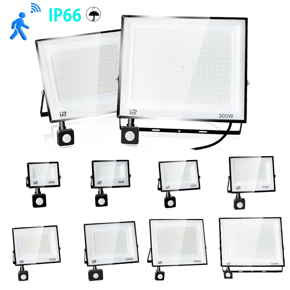 LED PIR Motion Sensor Flutlicht Outdoor Wand Licht Weißes Licht 150W 100W 50W 30W 20W IP66 Wasserdichte LED Strahler Für Garten Image