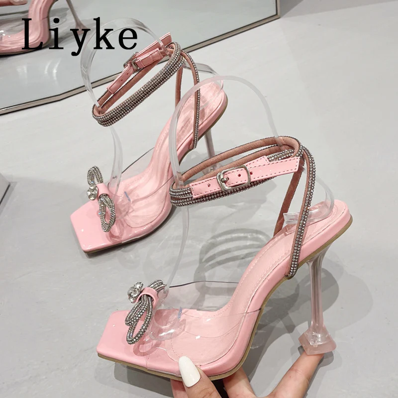 Liyke Größe 35-41 Mode Kristall Bowknot Frauen Transparent Sandalen Sommer Party Hochzeit High Heels Damen Bankett Kleid Schuhe