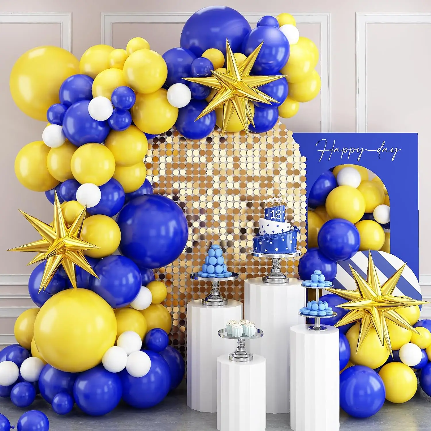 112-teiliges Latex-Ballonbogen-Set in Blau-Gelb-Weiß-Gold für Geburtstage, Hochzeiten, Geschlecht offenbaren, Junggesellenabschied, Familientreffen Image